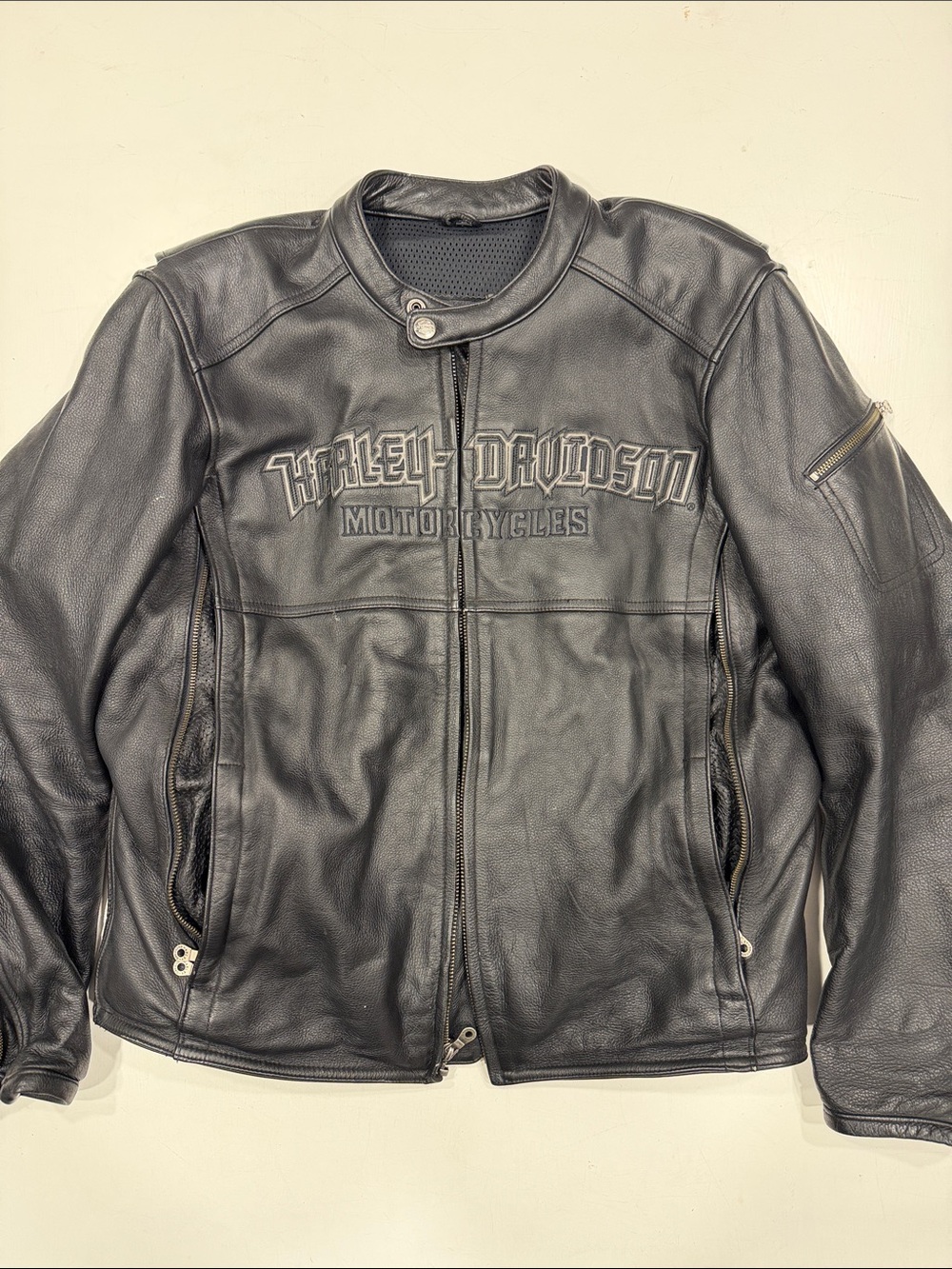 Harley-Davidson Black Leather Bomber Jacket with Embossed Logo